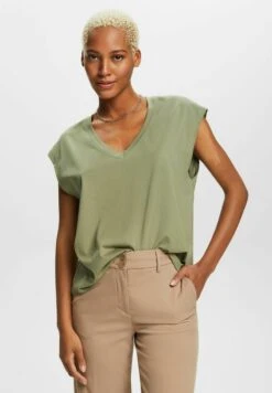 Edc By Esprit MIT V AUSSCHNITT - T-Shirt Basic - Light Khaki